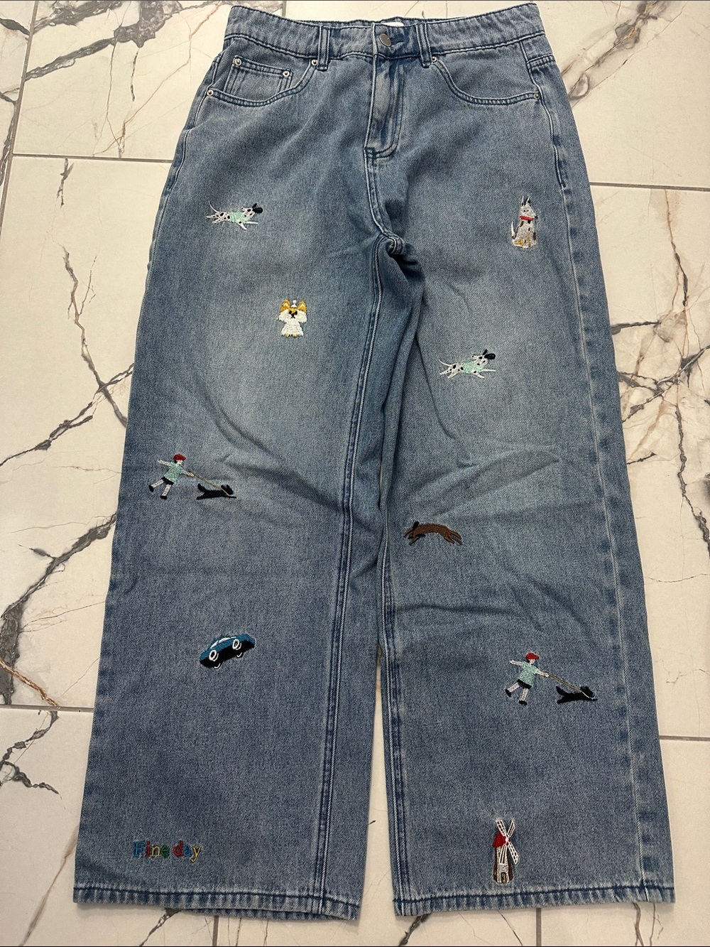 Urban Revivo Embroidered Light Blue Wide Leg Jeans